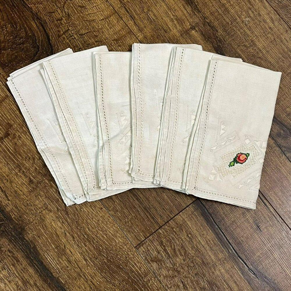Vintage Beige Linen Dinner Napkins Hand-Embroidered Crochet Floral Set of 6